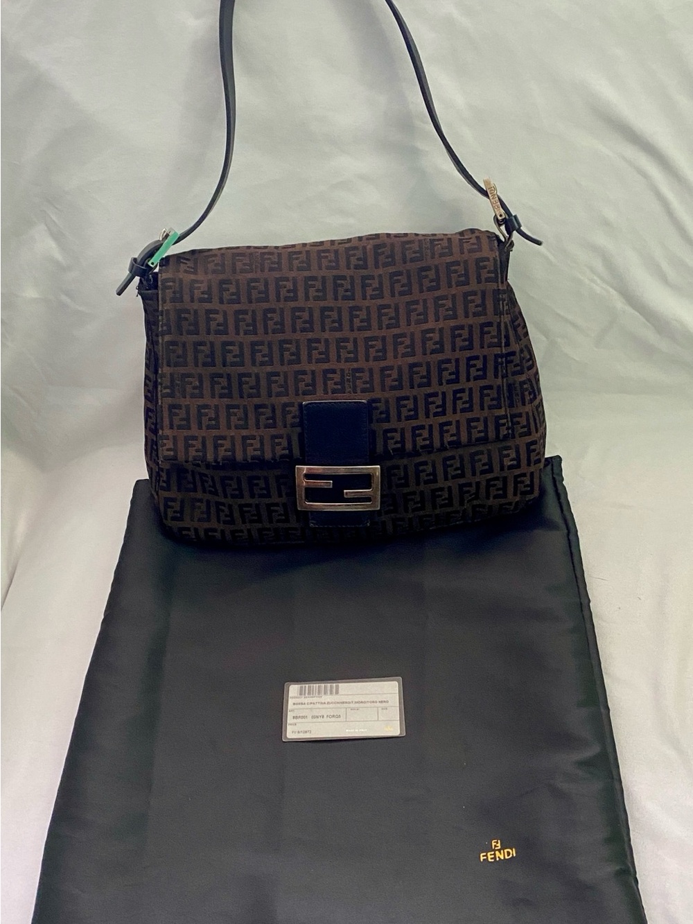 Fendi Brown FF Monogram Shoulder Bag with Black Strap and Silver Buckle